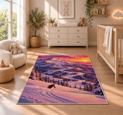 Sunset ski slope rug in a nursery beside a crib and dresser