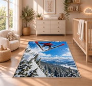 Ski jumper rug in a nursery beside a crib and dresser