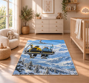 Chairlift skiers rug in a nursery beside a crib and dresser