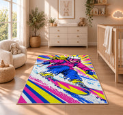 Pop art skier rug in a nursery beside a crib and dresser