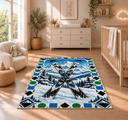 Trail difficulty symbols rug in a nursery beside a crib and dresser