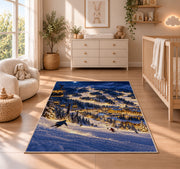 Night skiing resort rug in a nursery beside a crib and dresser