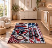Ski gear flat lay rug in a nursery beside a crib and dresser