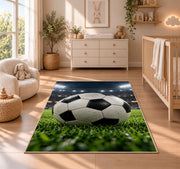 classic soccer ball under stadium lights rug in a nursery beside a crib and dresser