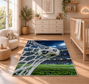 soccer ball hitting the net rug in a nursery beside a crib and dresser