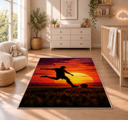 soccer player silhouette at sunset rug in a nursery beside a crib and dresser