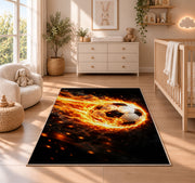 flaming soccer ball rug in a nursery beside a crib and dresser