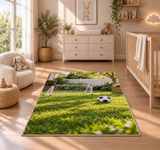 backyard soccer goal rug in a nursery beside a crib and dresser