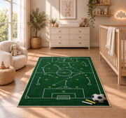 soccer tactics chalkboard rug in a nursery beside a crib and dresser