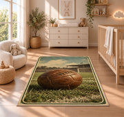 vintage leather soccer ball rug in a nursery beside a crib and dresser