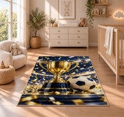 gold trophy and soccer ball rug in a nursery beside a crib and dresser