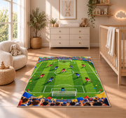 cartoon kids soccer match rug in a nursery beside a crib and dresser