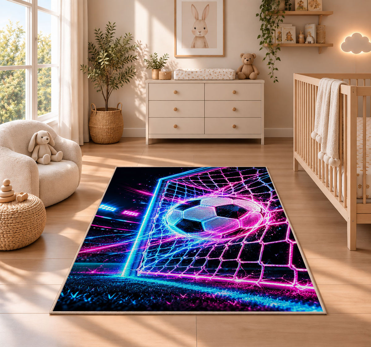 neon soccer ball and goal rug in a nursery beside a crib and dresser