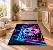 neon soccer ball and goal rug in a nursery beside a crib and dresser
