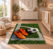 orange soccer cleats and ball rug in a nursery beside a crib and dresser