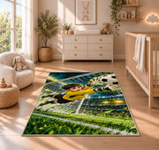 goalkeeper diving save rug in a nursery beside a crib and dresser