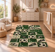 retro checkered soccer pattern rug in a nursery beside a crib and dresser