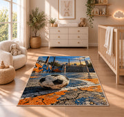 street soccer court rug in a nursery beside a crib and dresser