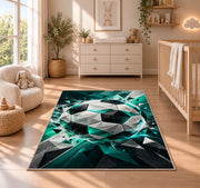low poly geometric soccer ball rug in a nursery beside a crib and dresser