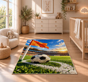 corner flag and soccer ball rug in a nursery beside a crib and dresser