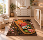 Sushi Platter Rug in a nursery beside a crib and dresser