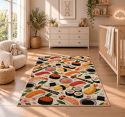 Sushi Pattern Rug in a nursery beside a crib and dresser