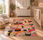 Kawaii Sushi Rug in a nursery beside a crib and dresser