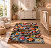 Conveyor Belt Sushi Rug in a nursery beside a crib and dresser