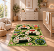 Onigiri Rice Ball Rug in a nursery beside a crib and dresser