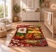Bento Box Rug in a nursery beside a crib and dresser