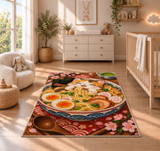 Cat Ramen Rug in a nursery beside a crib and dresser