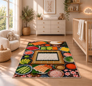 Sushi Making Rug in a nursery beside a crib and dresser