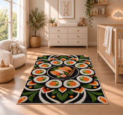 Sushi Mandala Rug in a nursery beside a crib and dresser