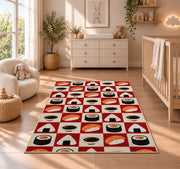 Checkered Sushi Rug in a nursery beside a crib and dresser