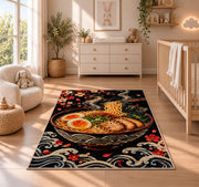 Ramen Bowl on Black Rug in a nursery beside a crib and dresser