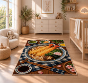Tempura Udon Rug in a nursery beside a crib and dresser