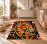 Sushi Boat Rug in a nursery beside a crib and dresser