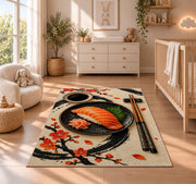 Minimalist Sushi Rug in a nursery beside a crib and dresser