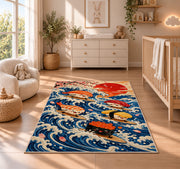 Surfing Sushi Rug in a nursery beside a crib and dresser