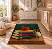 Teacher Apple Rug in a nursery beside a crib and dresser
