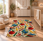 School Supplies Pattern Rug in a nursery beside a crib and dresser