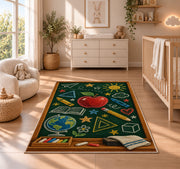 Chalkboard Doodle Rug in a nursery beside a crib and dresser
