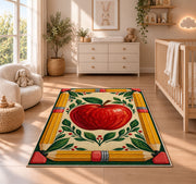Pencil Frame Apple Rug in a nursery beside a crib and dresser