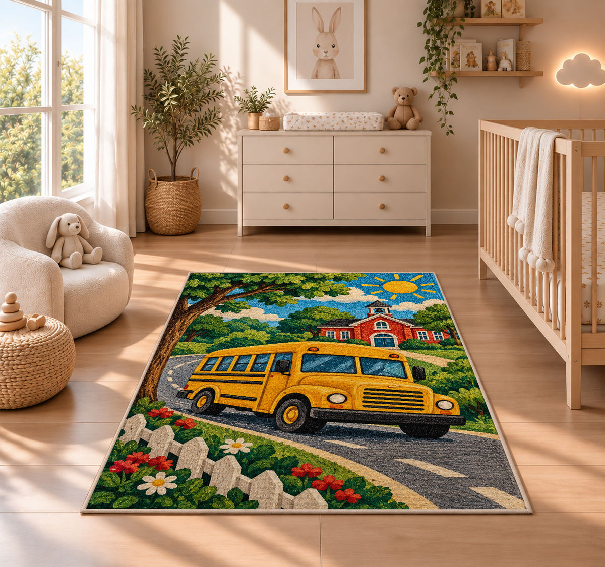 School Bus Rug in a nursery beside a crib and dresser