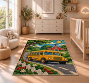 School Bus Rug in a nursery beside a crib and dresser