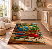 Vintage Globe Teacher Rug in a nursery beside a crib and dresser