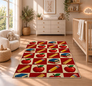 Apple Checkered Rug in a nursery beside a crib and dresser