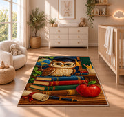 Wise Owl Teacher Rug in a nursery beside a crib and dresser