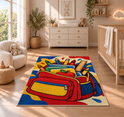 Backpack School Rug in a nursery beside a crib and dresser