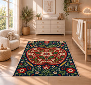 Folk Art Apple Rug in a nursery beside a crib and dresser